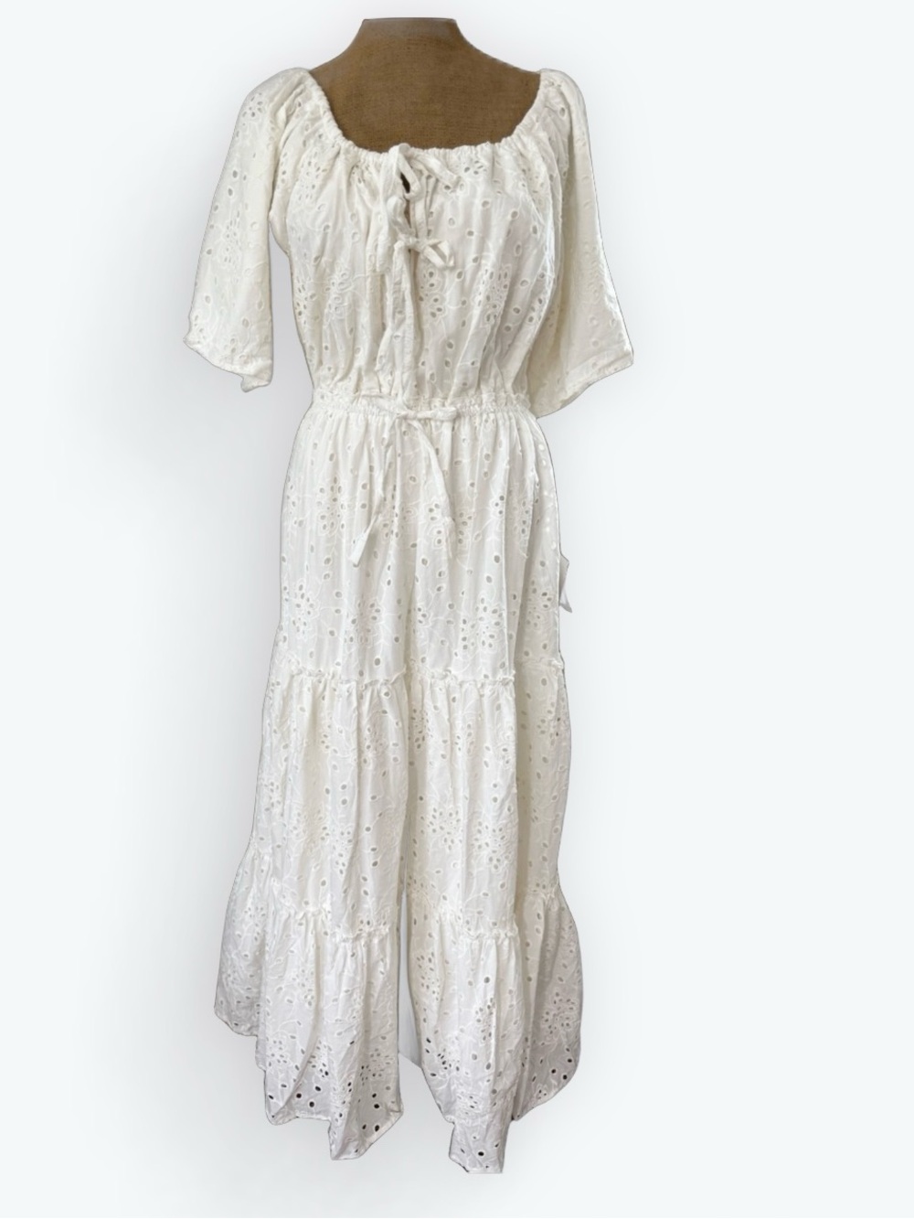 NWT Lulu’s White Cotton Eyelet Tiered Maxi Dress, Boho Cottagecore, Medium